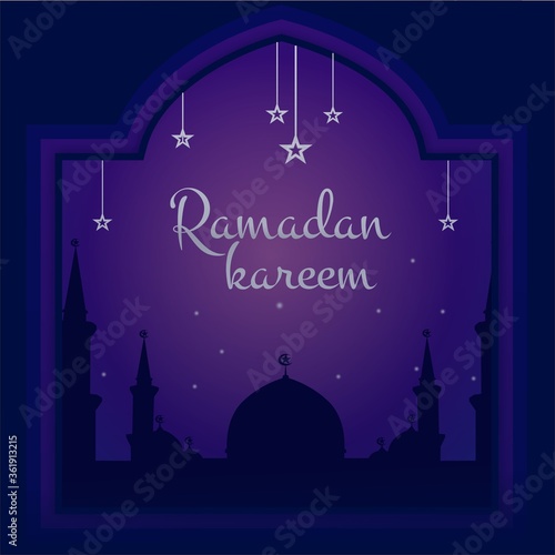 Ramadan mubarak modern arab calligraphy typography on great mosque silhouette illustration
