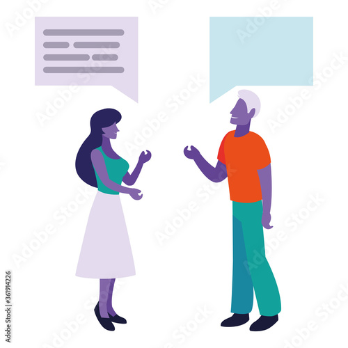 man and woman communicating with bubbles