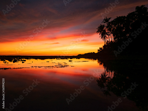 colourful orange yellow cloudy twilight sky background after sunset evening time, reflection in water, silhouette coconut plant tree, panoramic seascape view