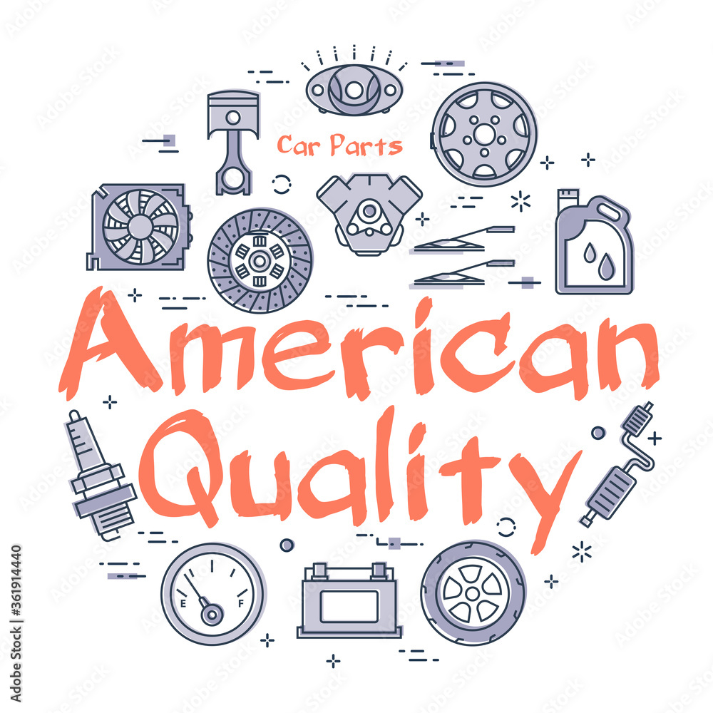 Vector line round banner of american quality car parts Vector line round banner of american quality car parts