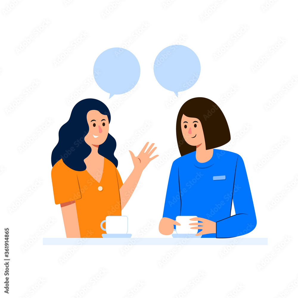 Fototapeta premium Two female friends with speech bubbles at coffee shop in flat design