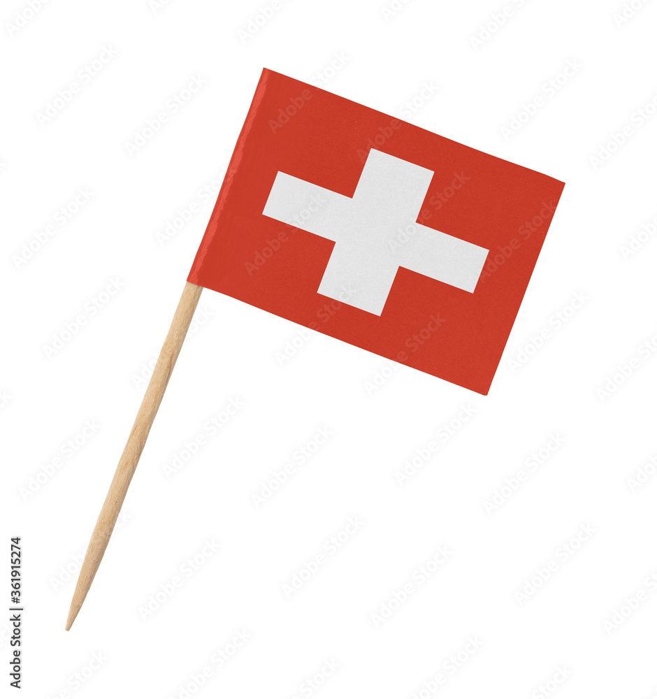 Small paper flag of Switzerland on wooden stick