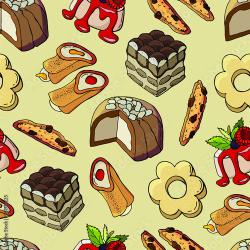 Italian desserts. Seamless pattern of italian cuisine. Tiramisu, Panna cotta, Cannoli, Biscotti, Zuccotto, Canestrelli. Design for wallpaper, fabric, textile, packaging.