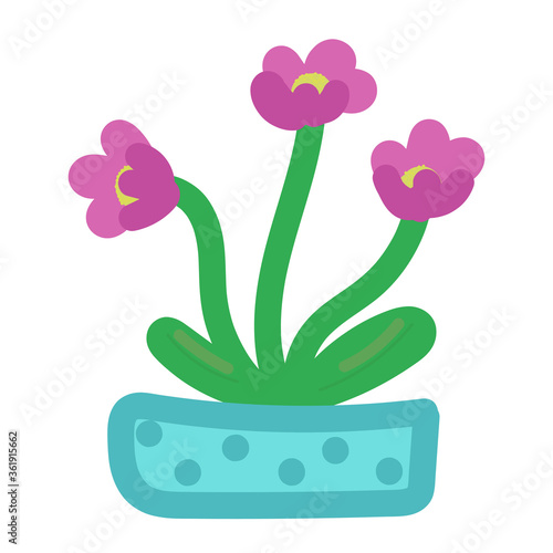 houseplant with pink flowers in a blue pot, vector element in a flat simple style, children drawing