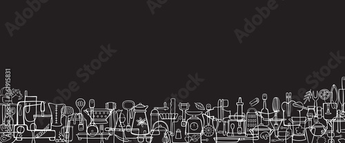 Kitchenware and tools for cooking. Cartoon color vector banner for the design of menus, cookbooks, cards, posters. Isolated linear illustration on a black background.