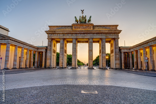 The illuminated Brandenburg Gate in Berlin after sunset with no people