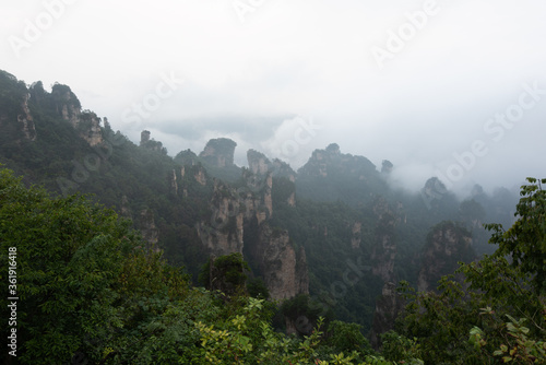 A natural backdrop of green, mist-shrouded Zhangjiajie National Forest Park in China.
