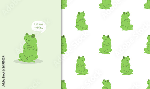 Hand drawn funny frog sitting and thinking and seamless pattern