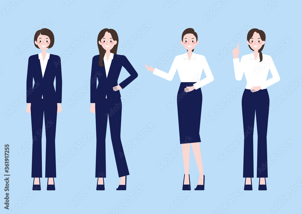 
Female office workers posing in various suits bundle flat illustration