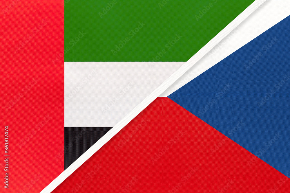 United Arab Emirates or UAE and Czech Republic, symbol of national flags from textile. Championship between countries.