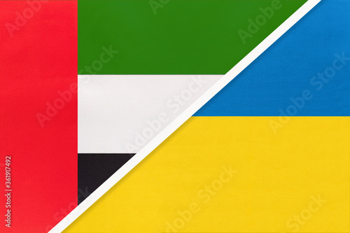 United Arab Emirates or UAE and Ukraine  symbol of national flags from textile. Championship between two countries.