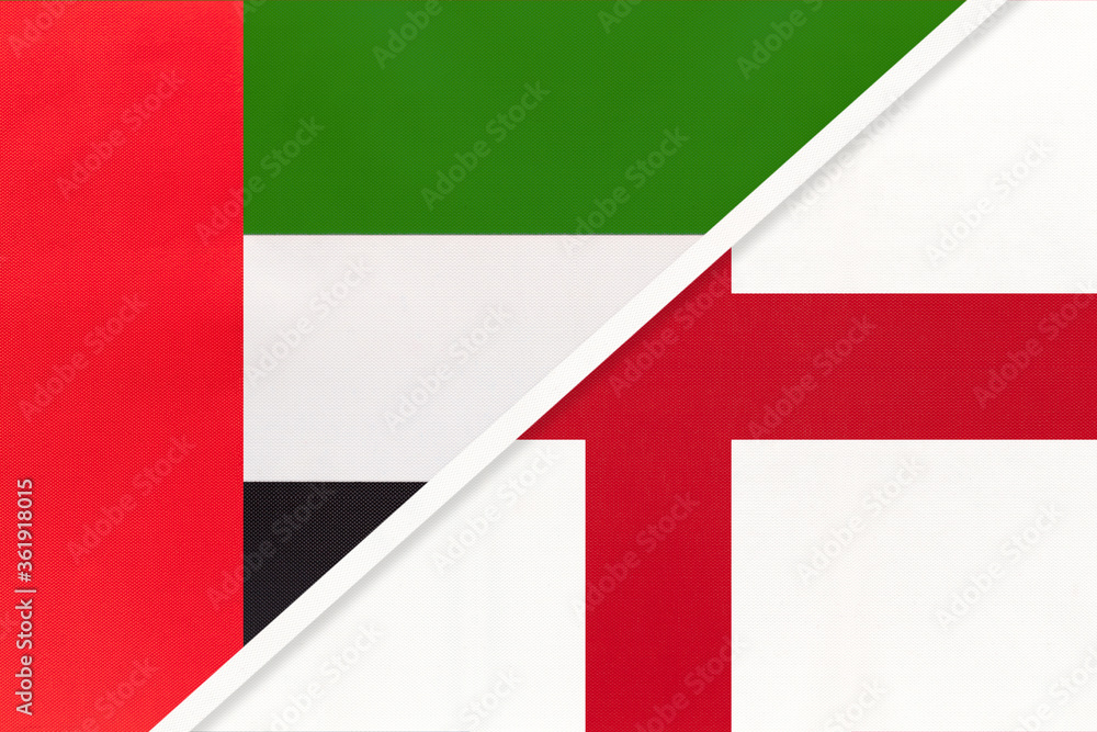 United Arab Emirates or UAE and England, symbol of national flags from textile. Championship between two countries.