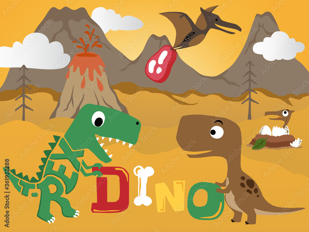 Plakat vector set of dinosaurs cartoon on volcanoes background