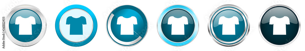 Shirt silver metallic chrome border icons in 6 options, set of web blue round buttons isolated on white background Shirt silver metallic chrome border icons in 6 options, set of web blue round buttons isolated on white background