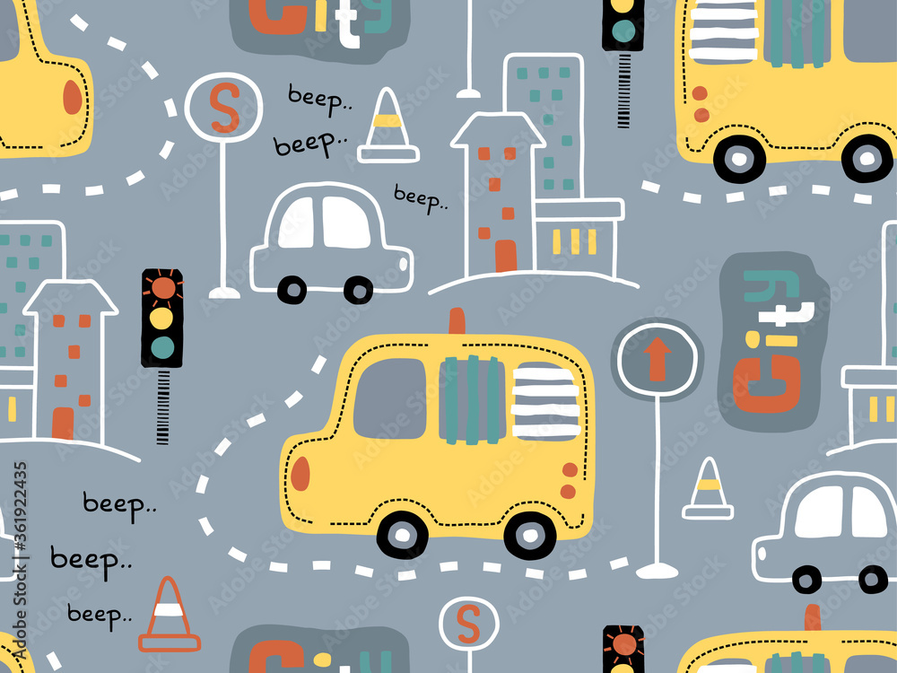 seamless pattern of vehicles in city road with buildings seamless pattern of vehicles in city road with buildings