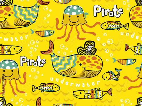 seamless pattern of marine animals pirate cartoon