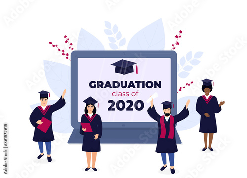 Virtual online graduation ceremony on a laptop monitor during coronavirus quarantine. Tiny graduates in gowns and mortarboards celebrate completion of studies. Class of 2020
