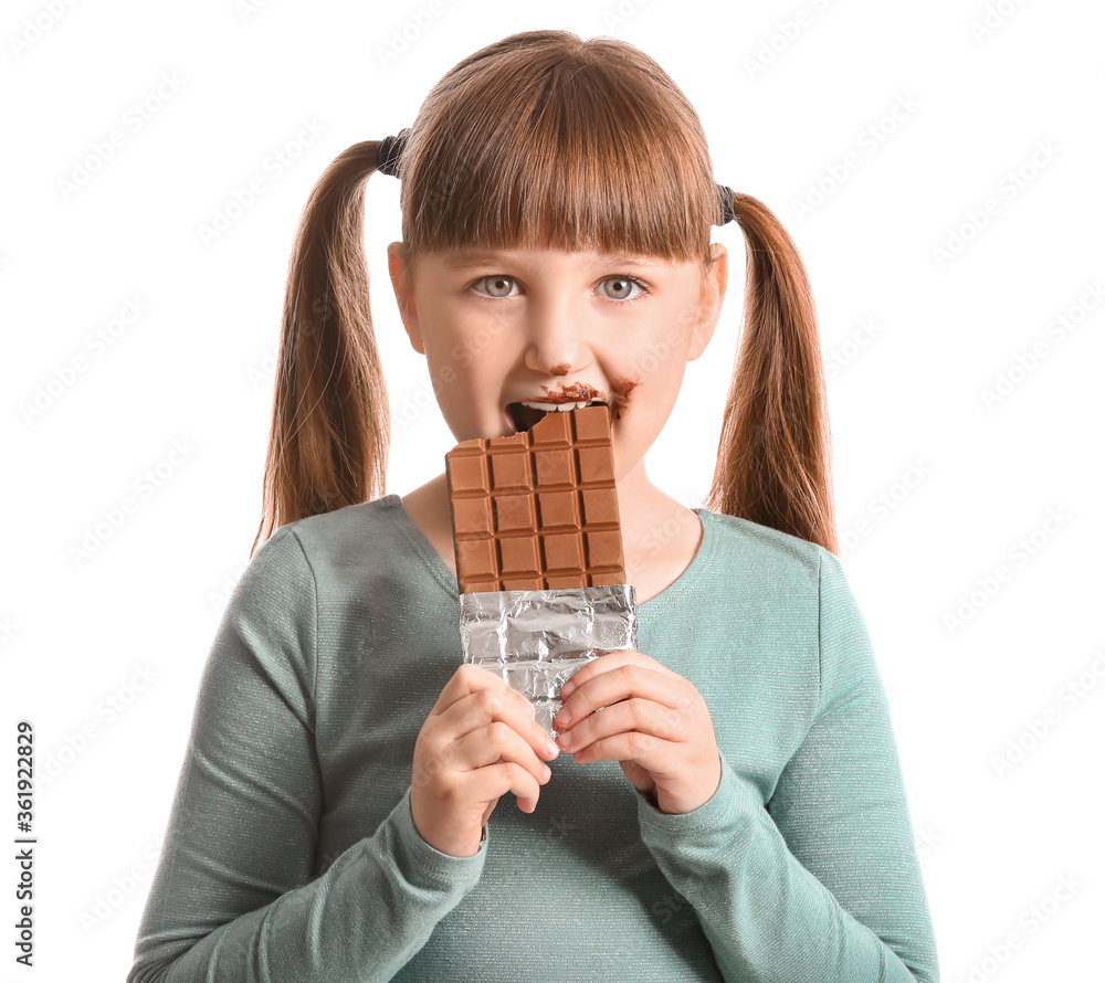 Cute funny girl with chocolate on white background Cute funny girl with chocolate on white background