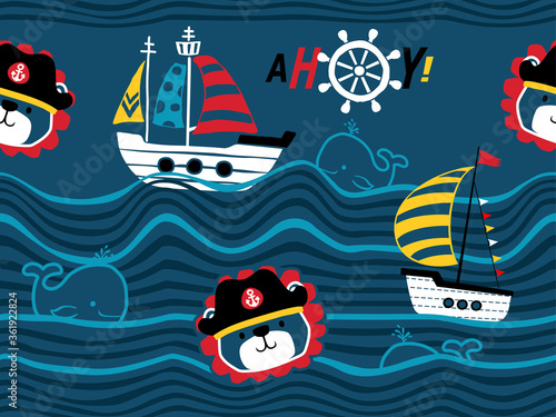 seamless pattern of pirates cartoon. Sailboat, lion, whale, wave