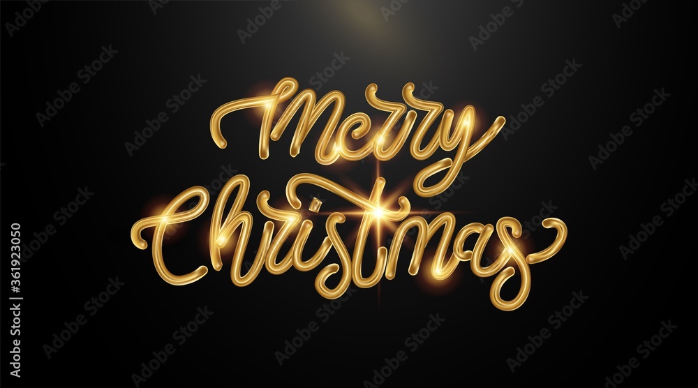Merry Christmas Golden glittering design of the label. The calligraphic three-dimensional inscription glitters in gold. Vector illustration .