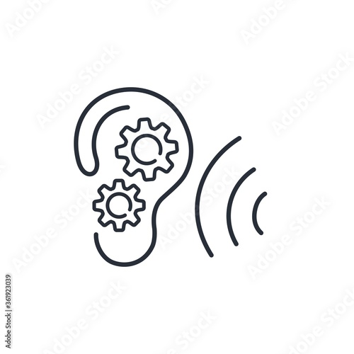 Ear and conversation. Listen carefully and ponder the information. Vector linear icon isolated on white background.