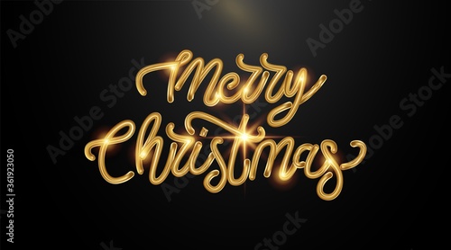 Merry Christmas Golden glittering design of the label. The calligraphic three-dimensional inscription glitters in gold. Vector illustration .