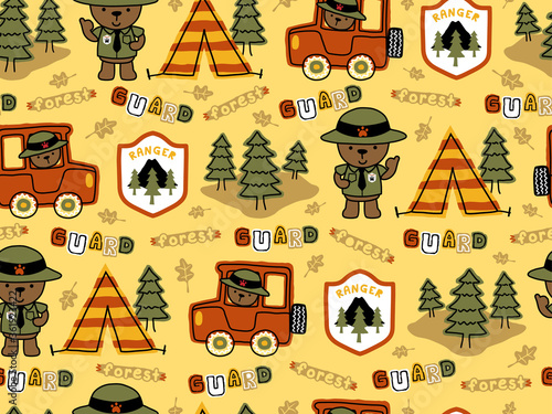 seamless pattern of funny ranger cartoon with car, tent, trees, badge