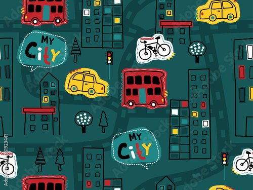 seamless pattern of city map hand drawn with vehicles, buildings, road