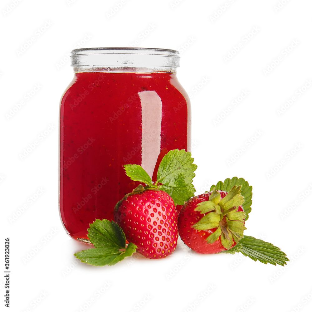 Jar of tasty strawberry jam on white background Jar of tasty strawberry jam on white background