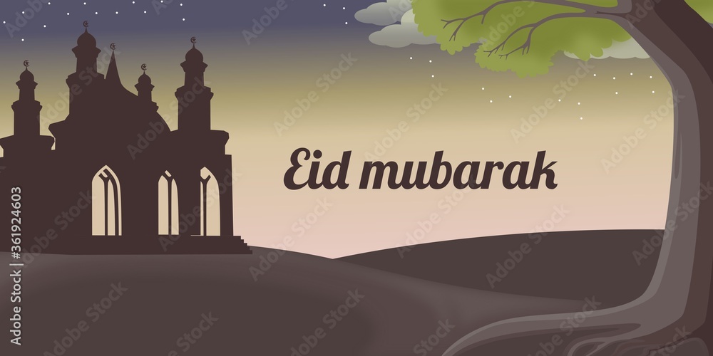 Eid al fitr background with hand drawn mosque of muslim people and islamic ramadan ornament