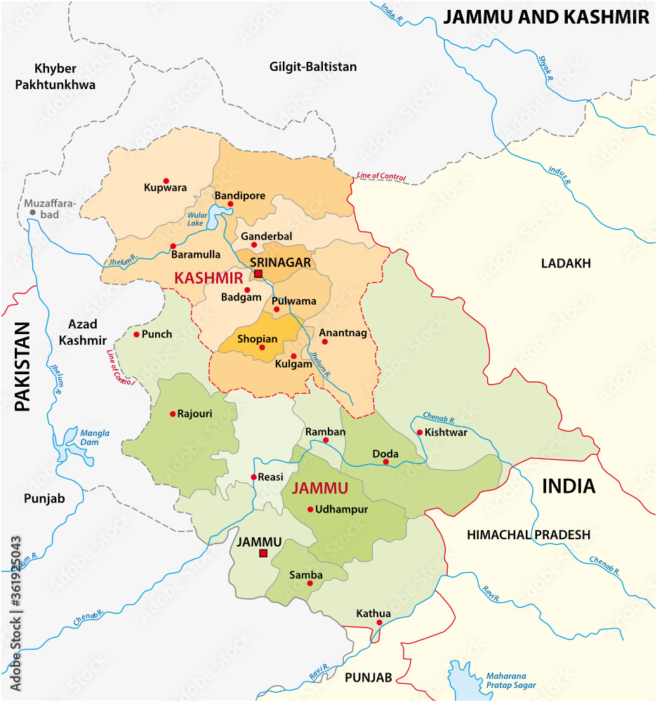 Vector administrative map of the Indian region of Jammu and Kashmir