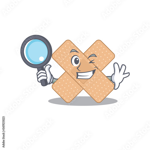 cartoon mascot design of cross bandage super Detective breaking the case using tools