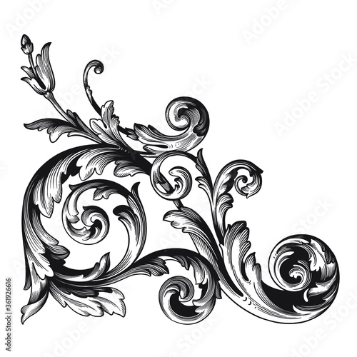 Vintage Ornament Element in baroque style with filigree and floral engrave the best situated for create frame, border, banner. It's hand drawn foliage swirl like victorian or damask design arabesque.