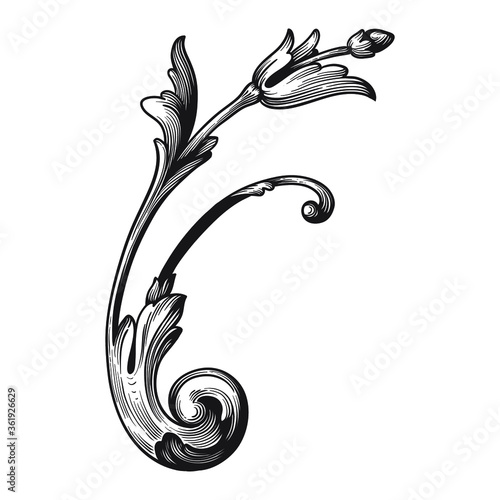Vintage Ornament Element in baroque style with filigree and floral engrave the best situated for create frame, border, banner. It's hand drawn foliage swirl like victorian or damask design arabesque.