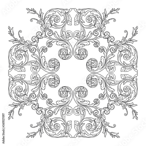 Vintage Ornament Element in baroque style with filigree and floral engrave the best situated for create frame, border, banner. It's hand drawn foliage swirl like victorian or damask design arabesque.