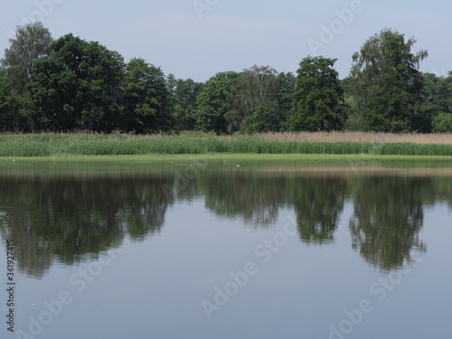 Forest reflected in waters of artificial breeding pond in european Goczalkowice town at Silesian district in Poland, clear blue sky in 2020 warm sunny spring day on June.