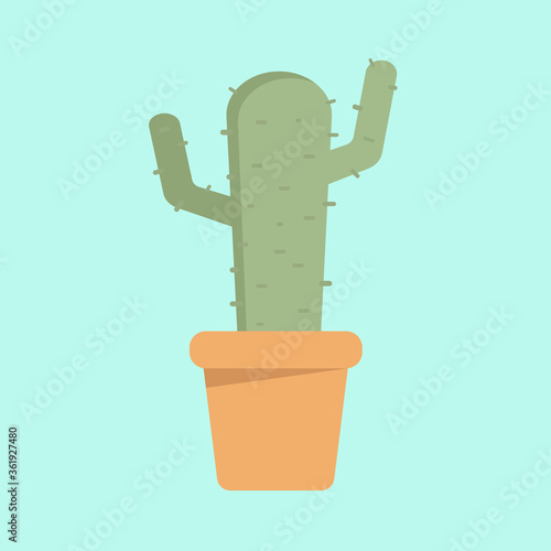 Green cactus in an orange pot with two shoots and sharp needles