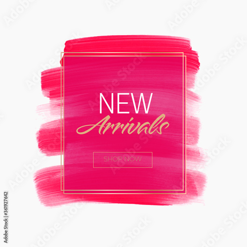 New Arrivals Sale sign over art pink paint background with golden frame vector illustration. 