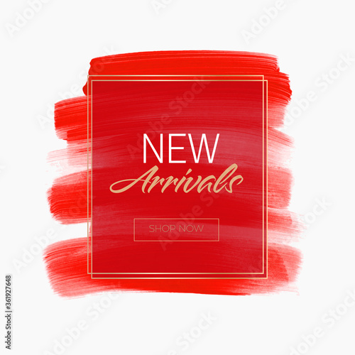 New Arrivals Sale sign over art paint background with golden frame vector illustration. 