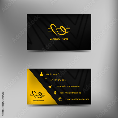 Black texture business card template with yellow logo on grey background.