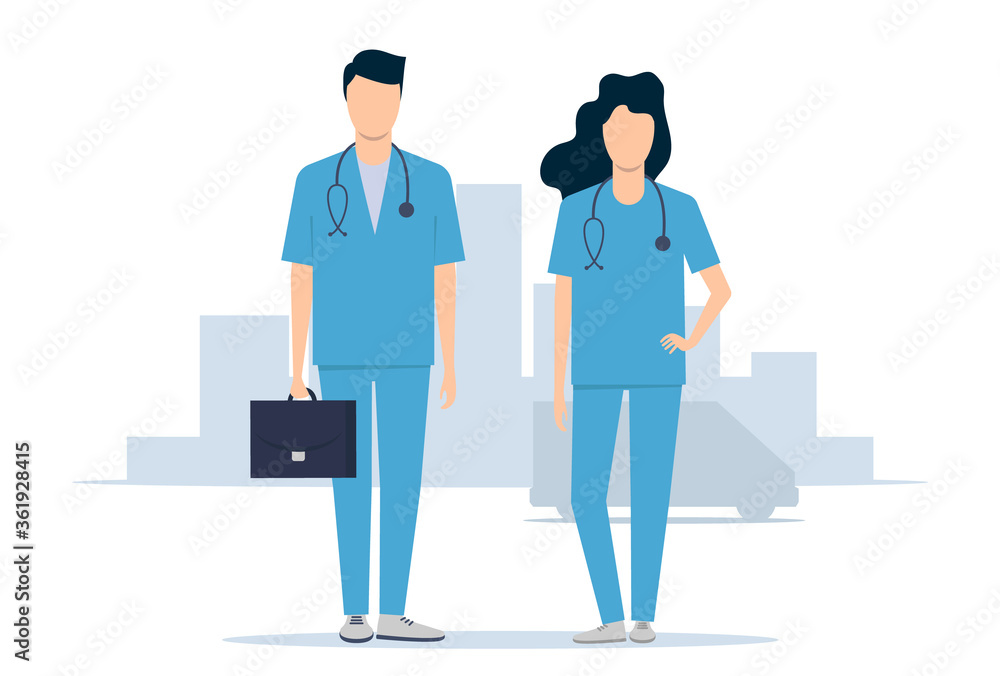 Emergency medical service. Doctors man and woman rush to the rescue. Vector illustration Emergency medical service. Doctors man and woman rush to the rescue. Vector illustration