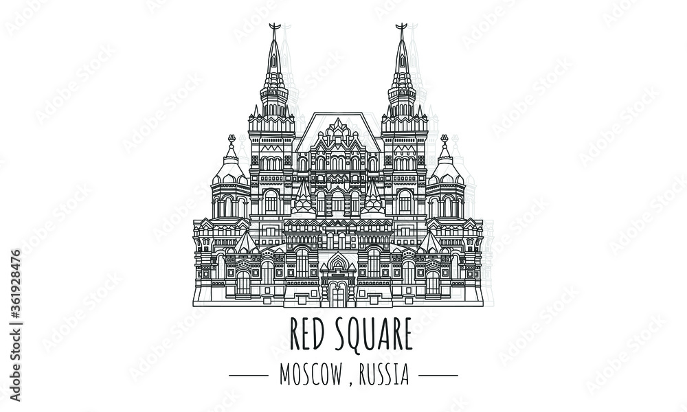 Hand drawn famous landmark vector of Red Square,Moscow,Russia, isolated illustration