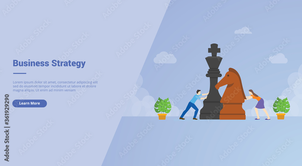 Φωτογραφία Business strategy men and women play big chess pieces campaign for web website home homepage landing template banner with cartoon style