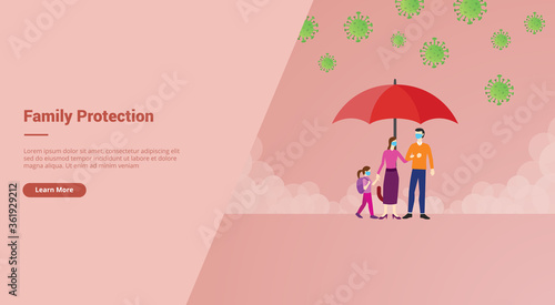 Family corona protection use umbrella mask for defensive corona virus attack campaign for web website home homepage landing template banner with cartoon style .