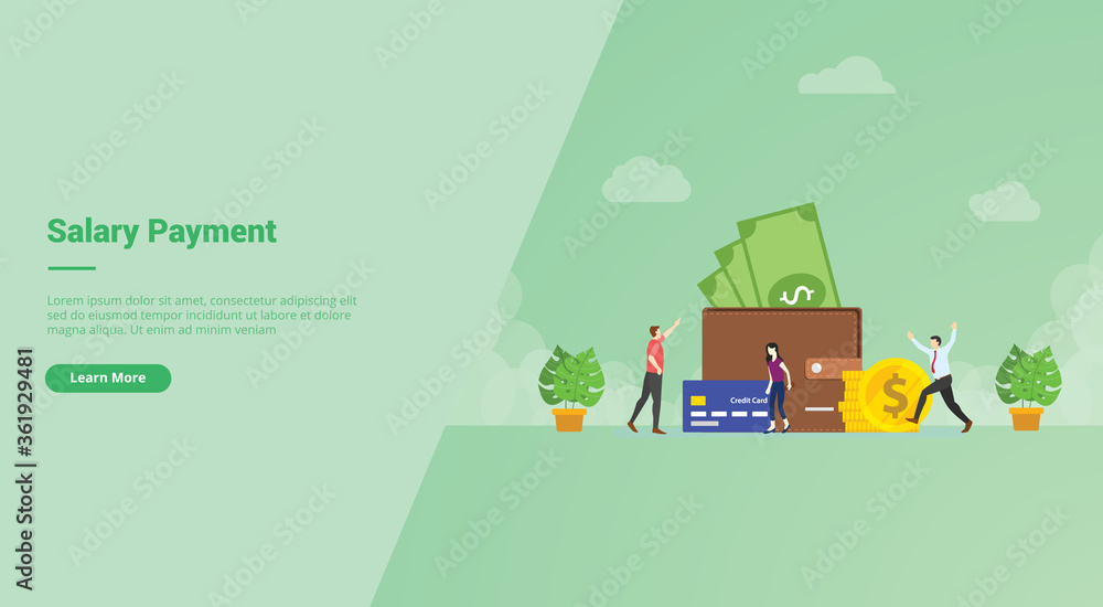 Salary payment people very happy earning money in big wallet campaign for web website home homepage landing template banner with cartoon style.