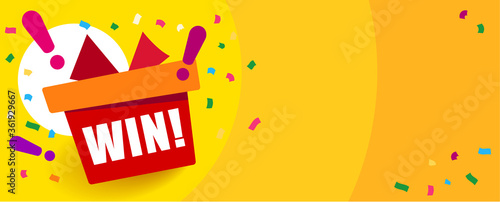 Bright orange background with text Win gift box and exclamation marks. Congratulations win banner. Fireworks or confetti around.