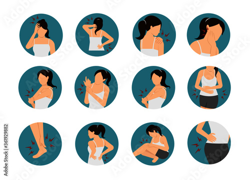 woman body pain illustration in circle frame set