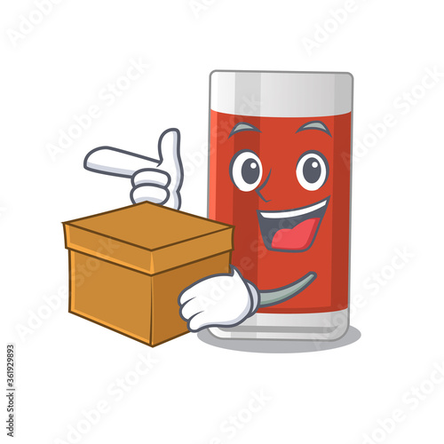 A smiling glass of apple juice cartoon mascot style having a box