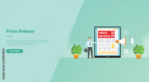 Press release Businessman give information using tablet internet video megaphone campaign for web website home homepage landing template banner with cartoon style.