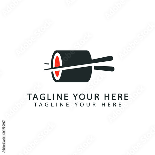 chopsticks holding sushi roll. concept of snack, susi, exotic nutrition, sushi restaurant, sea food. isolated on white background. flat style trend modern logotype design vector illustration